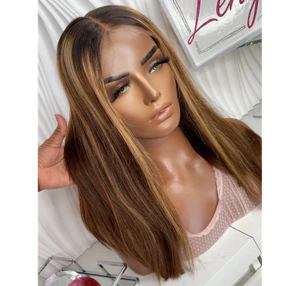 

Коричневый парик-каре с прямым срезом и мелированием, с темными корнями, реалистичной линией роста волос, из синтетического волоса, с кружевной передней частью, для женщин