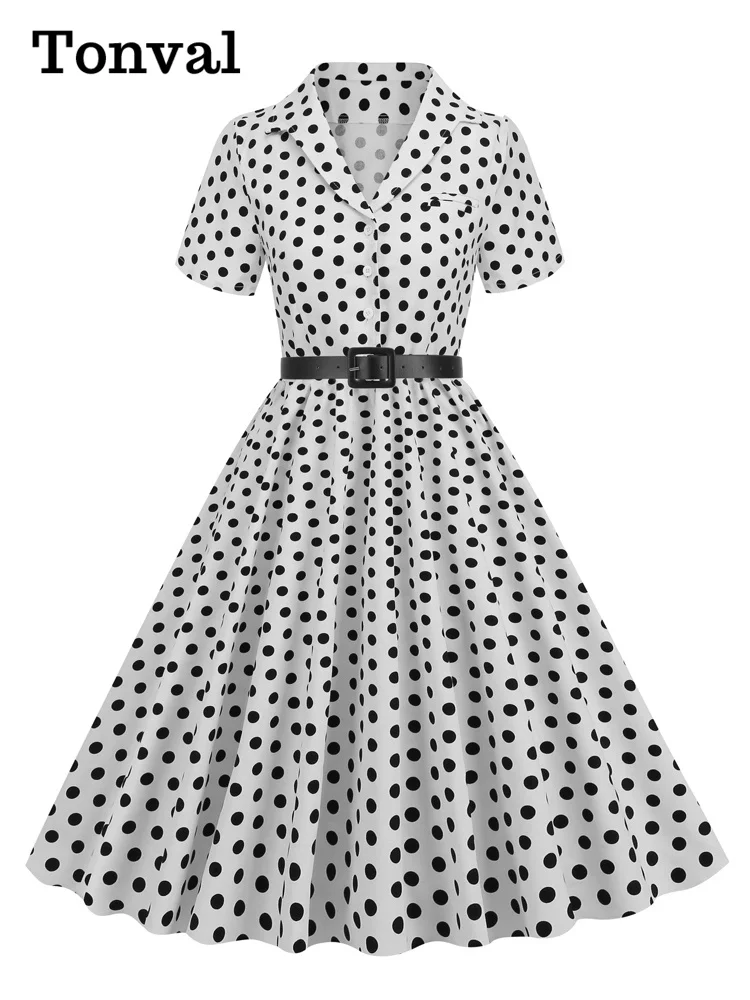 Tonval Polka Dot 50s Pinup Robe Button Up Pleated Vintage Style Dress Women Elegant Belted Ladies Rockabilly Long Dresses