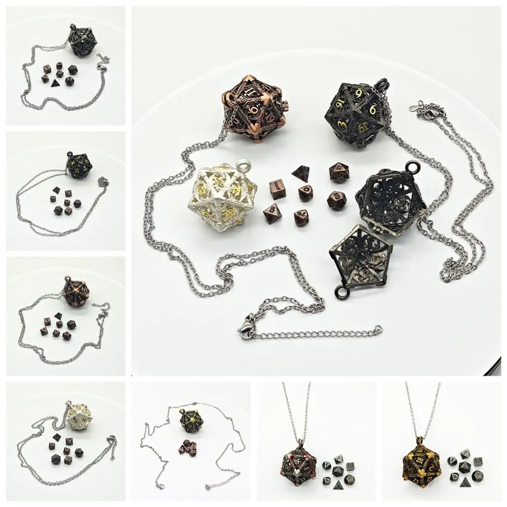 1 Set 20-sided Hollow Metal Dice Necklace TRPG DND Hollow Metal Dice Torque Exquisite Mini Polyhedral Dice Necklace