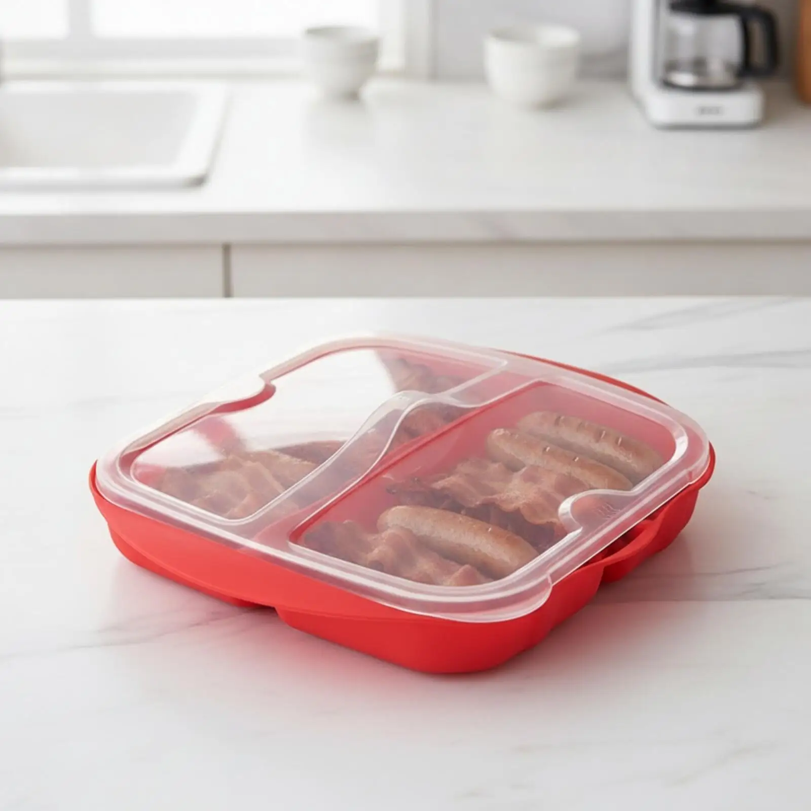 Oven Microwave Breakfast Meat Cooker | Ridged Interior Base, Compact Low-Profile Design, Microwave breakfast meat Tray with Lid,
