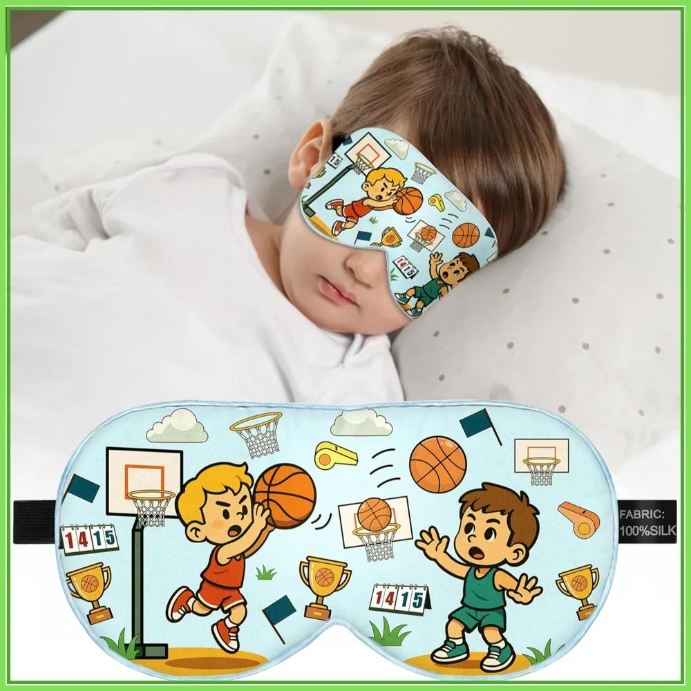 

100% Mulberry Silk Sleep Mask with Adjustable Strap, Soft Light Blocking Eye Cover for Kids Ages 5-15 (Basketball Print)