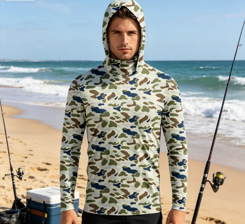 

Quick Dry Camo Fishing Shirt Breathable Lure Hoodie with Face Cover Outdoor Sports Long Sleeve UV Protection