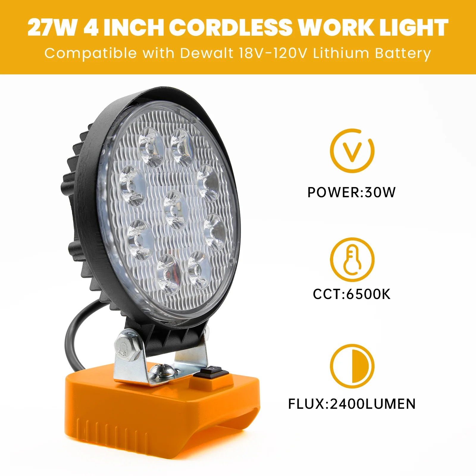 Nananuu 27W Work LED Light 6500K Flashlight Portable Emergency Flood Lamp Camping lamp For Dewalt DCB200 18V Battery(NO Battery)