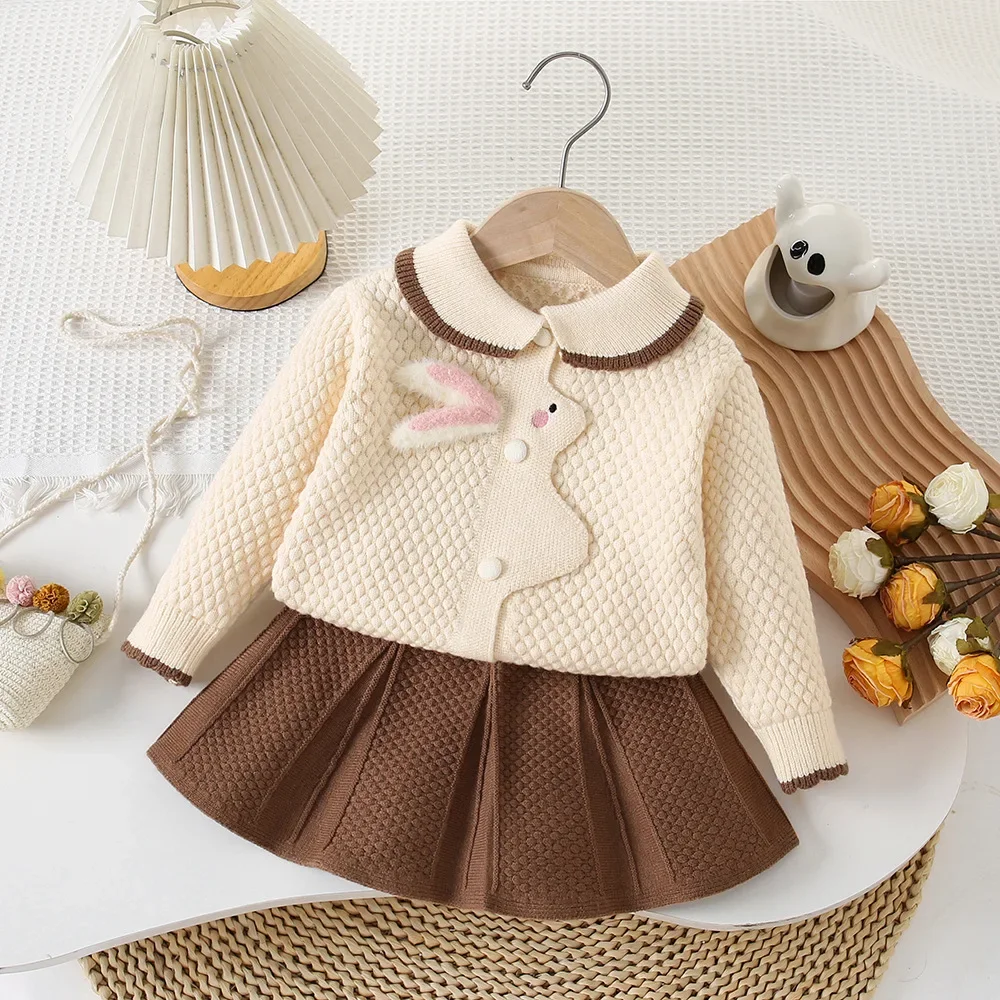 Children\'s Clothing Sets Three-dimensional Rabbit Knitted Cardigan + Pleated Skirt Baby Girl Winter Clothes Knit Sweater