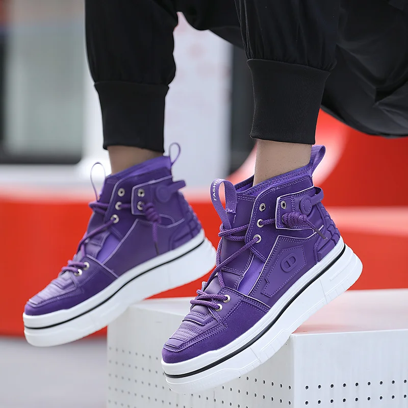 New Mens Designer Purple Sneakers Comfortable Lace Up Platform Shoes Men Streetwear High Top Sneakers Men Fashion Trainers Shoes