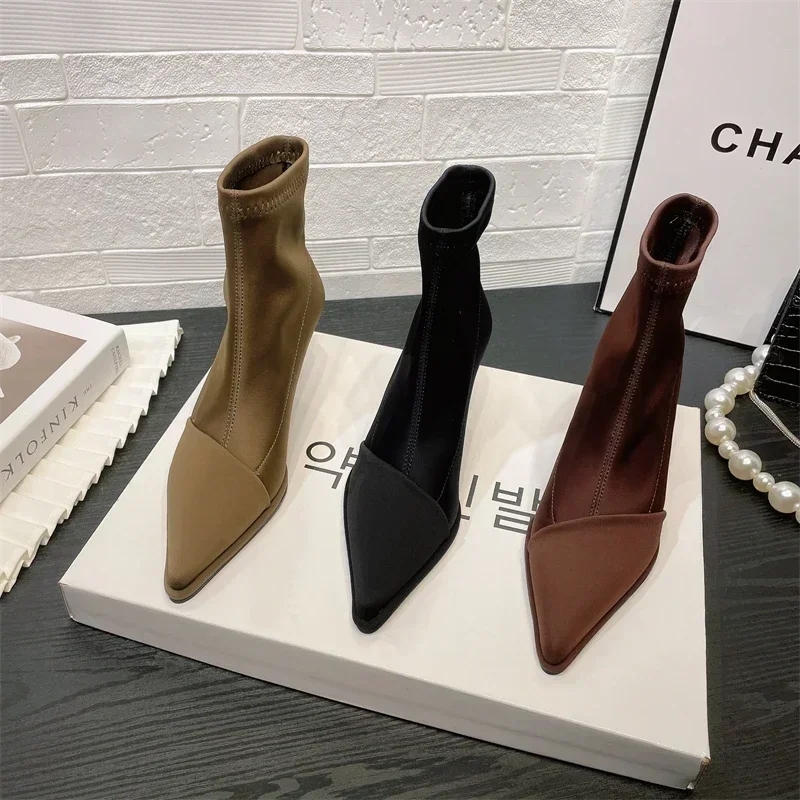 Ladies Shoes Elegant High Thin Heel New Satin Pointed Toe Short Boots Women Stretchce Temperament Ankle Boots Short Elegance