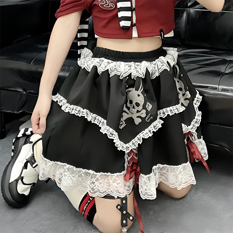 

Y2K women Dress Cosplay Subculture Punk Lace Skeleton Gothic Trend Black Skirt High Waist Layered Cake Pomp Skirt faldas юбка