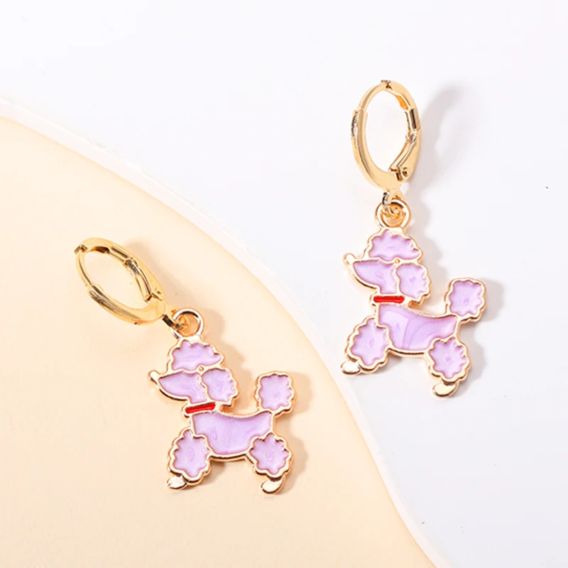 5 Colors Cute Enamel Poodle Dog Drop Hoop Earrings Delicate Cartoon Animal Charms Dangle Earrings For Women Girls Jewelry Gifts