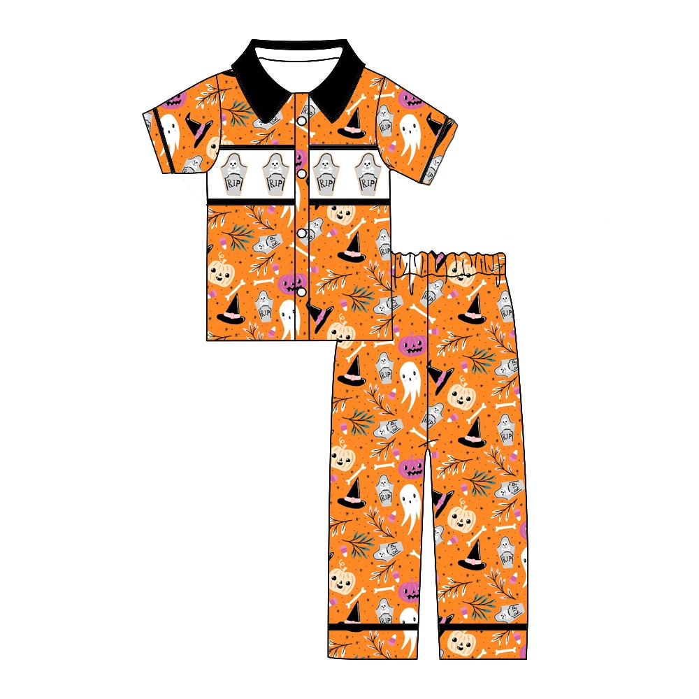 Boutique Children's Set Lapel Ruffle Puff sleeves Pair with Trousers Love Pocket Pumpkin Ghost Print Boys Set