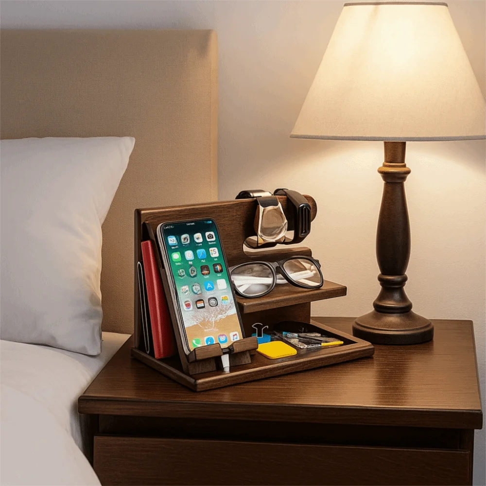 

Solid Wood Charging Phone Holder Stable Groove Design Detachable Phone Docking Station Space Saving Desk Organiser Gift