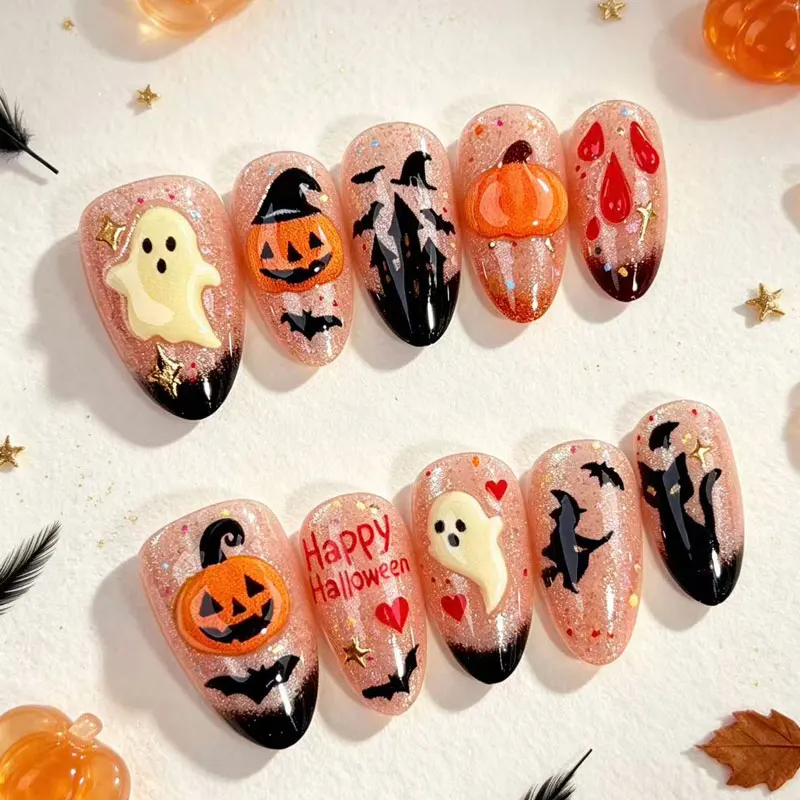 10 Stück 3D Geister-Kürbis Katzenaugen-Kunstnägel mit rauer Textur, Halloween-Nägel, europäische & amerikanische Nagelaufkleber, künstliche Nägel – Detail 3