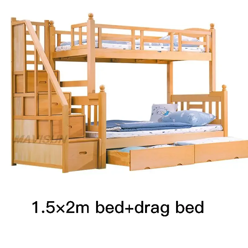 Litera de madera maciza de haya para niños, cama de dos pisos, almacenamiento multifuncional, estilo nórdico, bonito patrón Simple