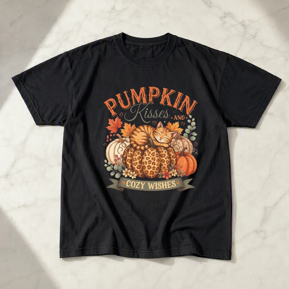 Pumpkin Kisses Cozy Wishes T Shirt Autumn Sleeping Cat Pumpkin Graphic Tee Cotton Short Sleeve Loose Women Fall Thanksgiving Top