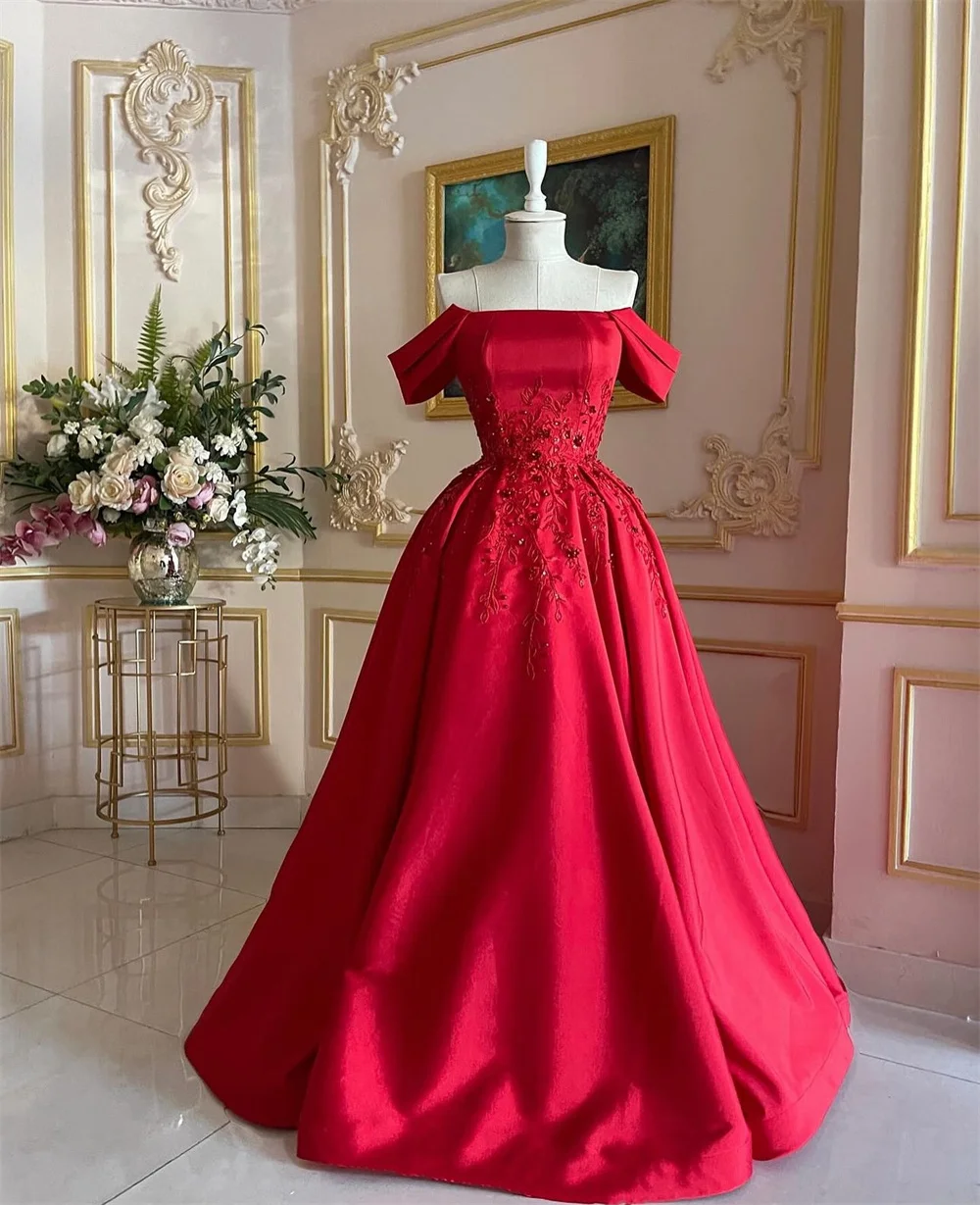 Sansa Red Satin Beaded Prom Dress Elegant Off Shoulder A-line Vestidos De Fiesta Luxury Embroidery Floor-Length Evening Dresses