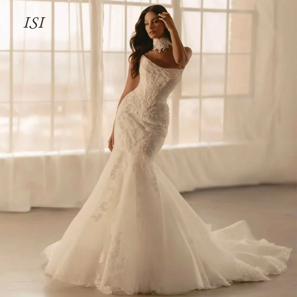 Vestido de Novia de Lujo con Perlas y Encaje, Diseño Personalizado ISI, Estilo Sirena, Sin Tirantes, Corsé, Vestido de Novia 2026