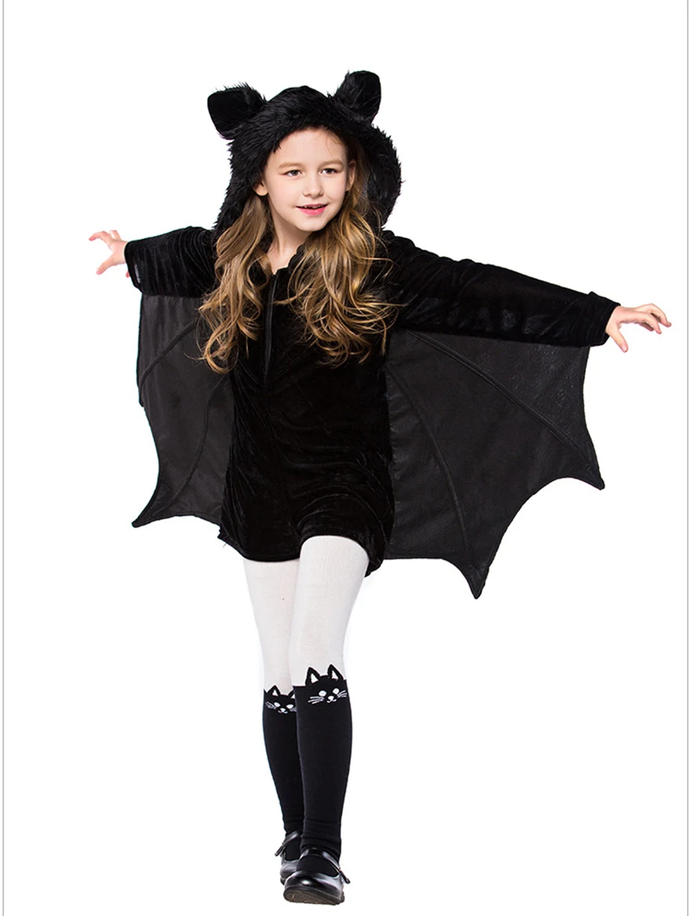 Kids Girls Black Bat Hooded Cape Children's Halloween Role-playing Costume Carnival Party Stage Performance Cosplay Jumpsuit New