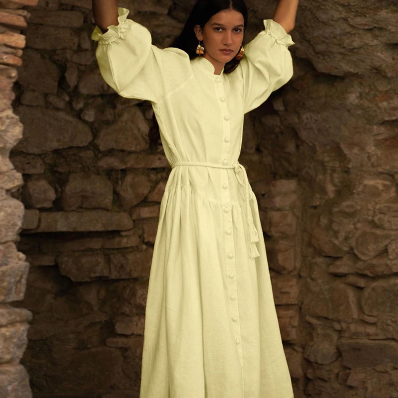 Fashion Cotton Linen Lace Up Dresses Spring Women Long Sleeve Single Breasted Dress Autumn High Waist Casual Knee Length Dress