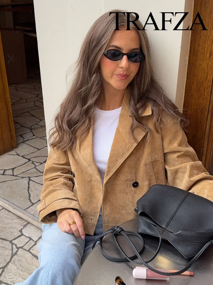 

HH Women Autumn Pocket Double-Breasted Decoration Short Jacket Woman Turn-Down Collar Long Sleeves Casual Street Style Coats