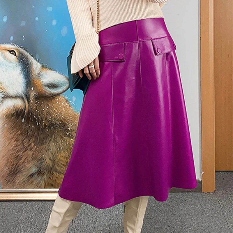 

French Style Stylish A-line Umbrella Skirt 2023 Spring Women Retro Genuine Leather Over-the-knee 70CM Long Faldas Mujer Pockets