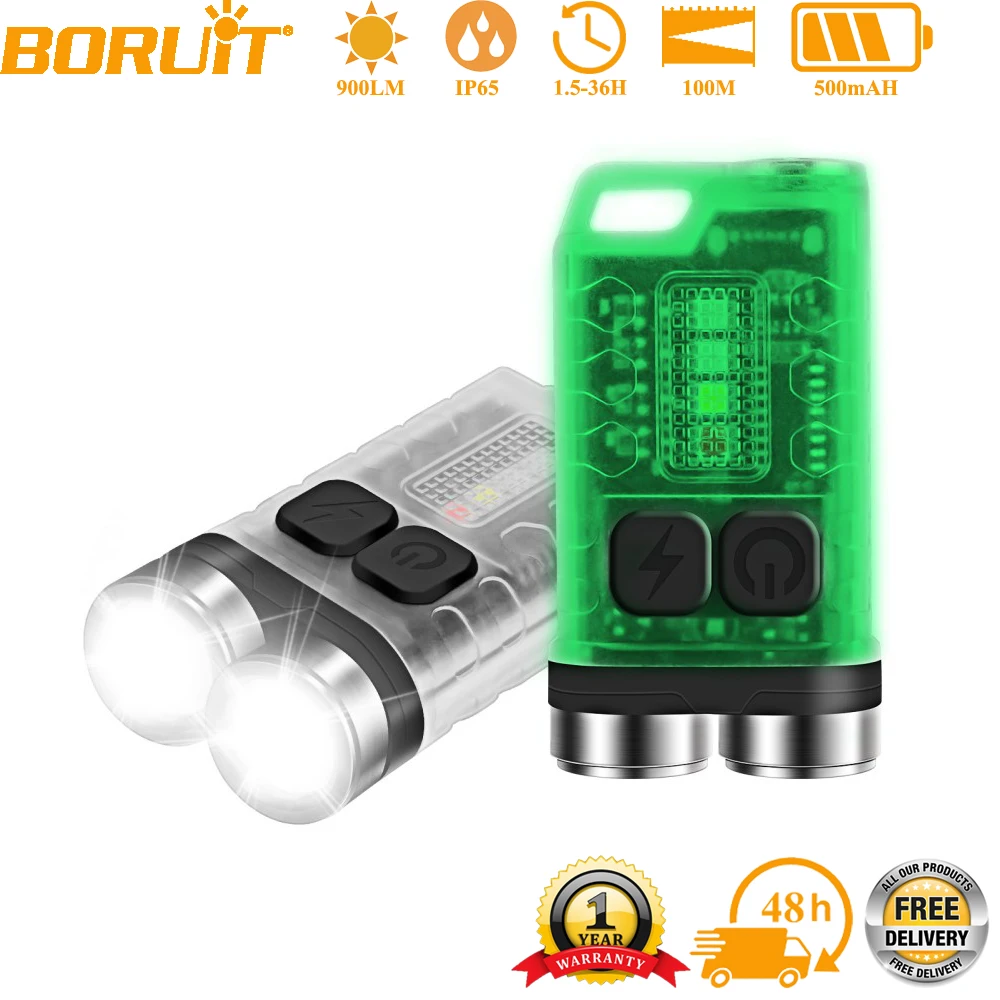 BORUiT V3 900LM UV LED Keychain EDC Flashlight Type-C Rechargeable Work Light Torch With Magnet Camping Pocket Lantern