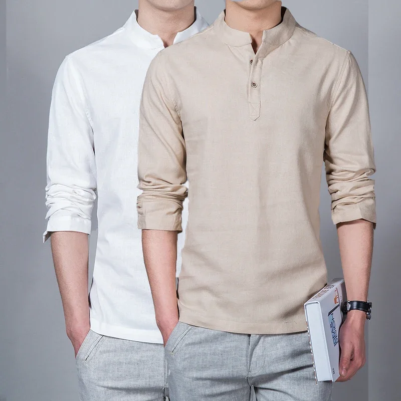 Men\'s Clothing  Men Spring Tops & Tees Male Fashion T-Shirts Stand Collar Long-sleeved Slim Base Shirt Homme Linen t-shirt