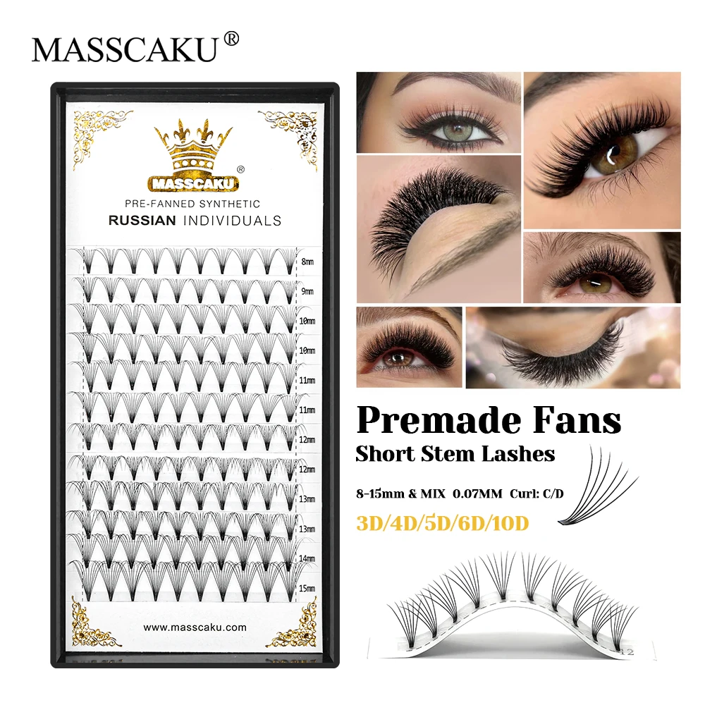 

High Quality MASSCAKU 3D Effect Korean PBT Fiber Premade Fans Lash C D Curl Wispy Thin Root Short Stem Eyelash for Beauty Salon