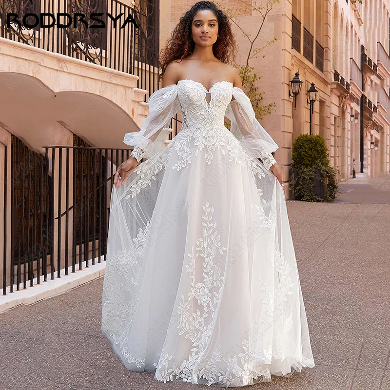 RODDRSYA abiti da sposa da spiaggia maniche a sbuffo in pizzo abiti da sposa principessa con spalle scoperte Vestido De Novia Appliques Tulle Sweep Train Abiti da sposa spiaggia pizzo maniche Puff Bridal Gowns principe