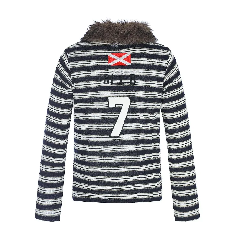 Men's Retro Striped Polo Shirt with Faux Fur Collar – Vintage Embroidered Long Sleeve Slim Fit Pullover for Streetwear