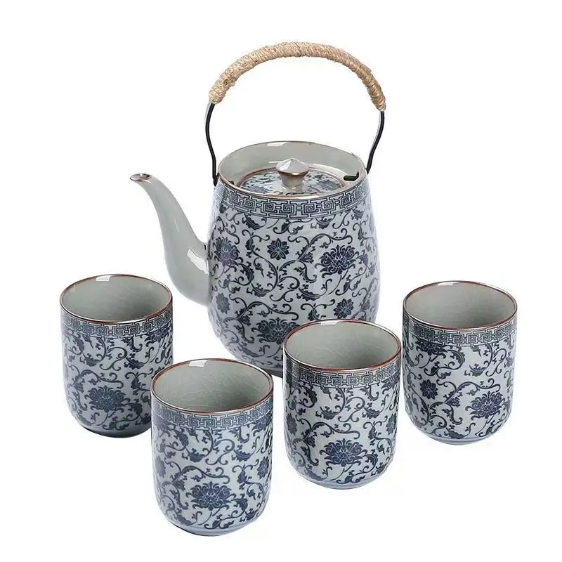 

Китайский сине-белый керамический чайник с кракле и глазурью — чайный сервиз кунг-фу в стиле GeYao с 4 чашками, подъемный чайник в стиле ретро