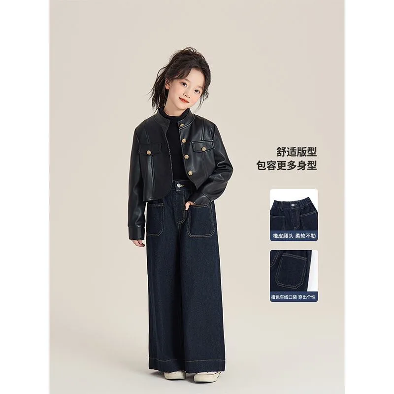 Kids Dark Blue High Waist Jeans for Child Girl Autumn Fashion Street Style Denim Pants Teenager Harajuku Straight Fit Trousers