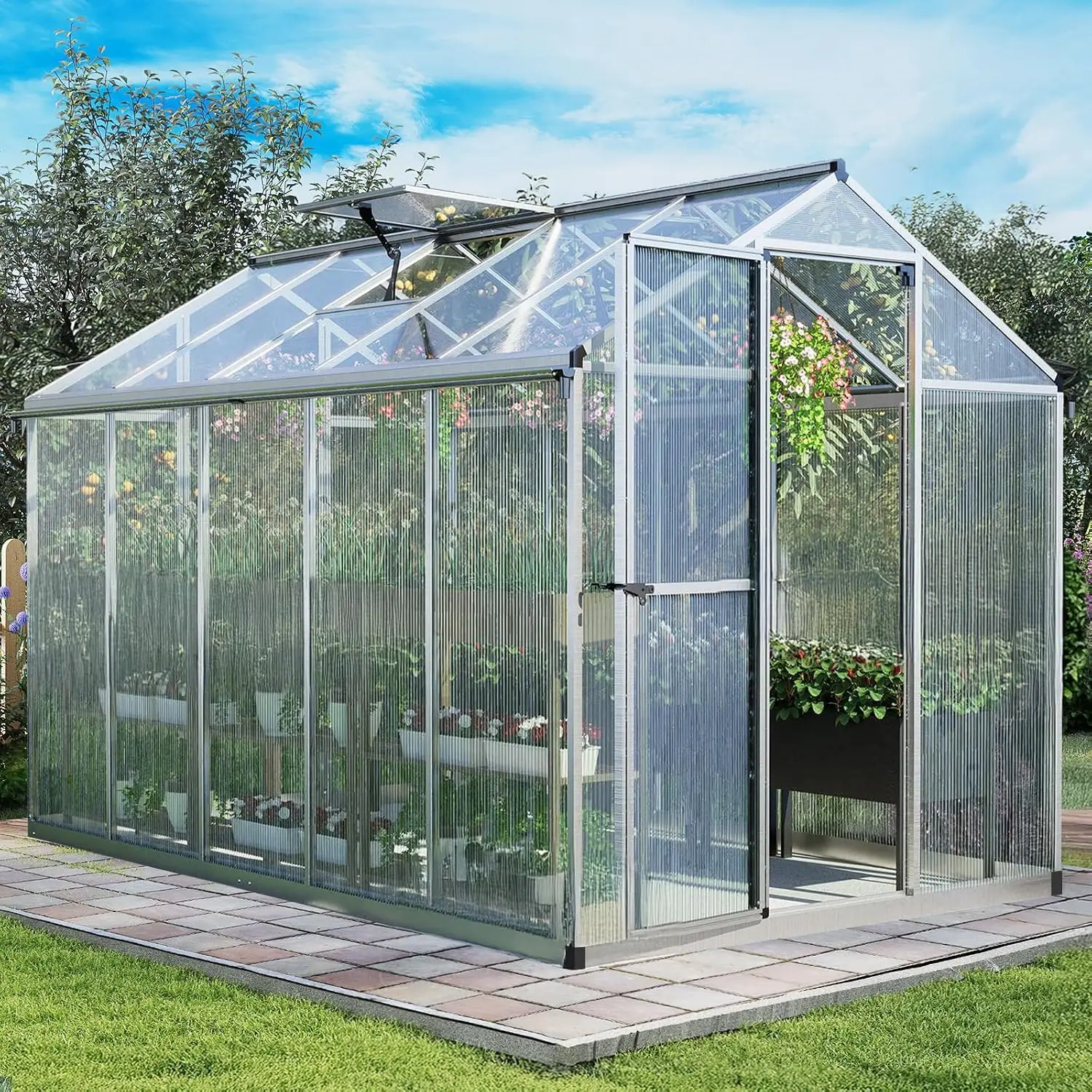 6 x 10 Ft Walk-in Greenhouse with Gutter, Polycarbonate and Heavy-Duty Aluminum Frame, Adjustment Skylight and, Customized