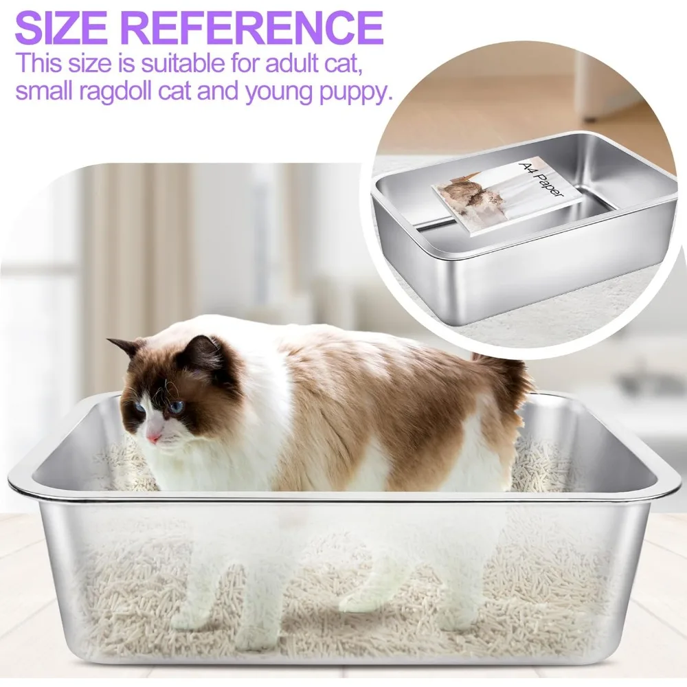 Extra Large 23.6L Stainless Steel Cat Litter Boxes with High Sides - Durable Metal Litter Pans for Easy Clean-up and Comfort
