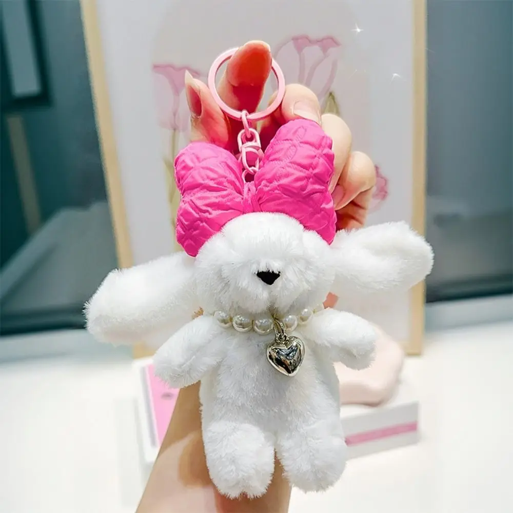 Kawaii Bowknot Fluffy Bunny Keychain with Loveheart Necklace Chubby Rabbit Fur Keyring Soft Cute Rabbit Plush Dolls Children