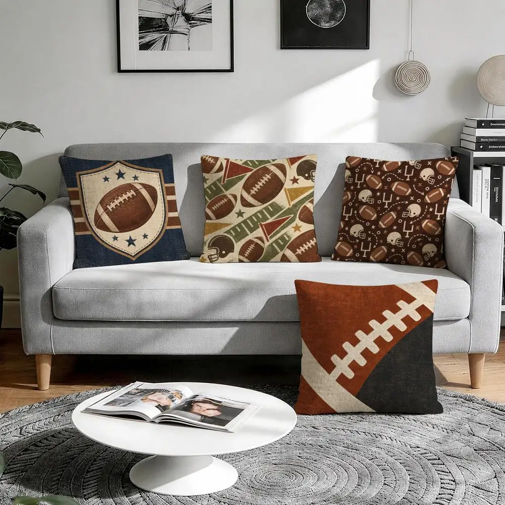 Retro Football Wall Art Cushion Cover 1/4Pcs Linen Throw Pillow Covers Double-Side Print Sofa Couch Living Room Decor
