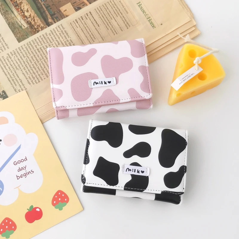 Mulheres Carteira Bonito Vaca Impressão PU De Couro Titular Do Cartão De Negócios Feminino Menina Coin Purse Pouch Mulheres Tri-fold Cartoon Curto Carteira