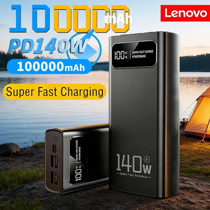 

Lenovo 140W Power Bank Super Fast Charging Battery High Capacity Digital Display 100000mAh Power Bank For Iphone Samsung Xiaomi