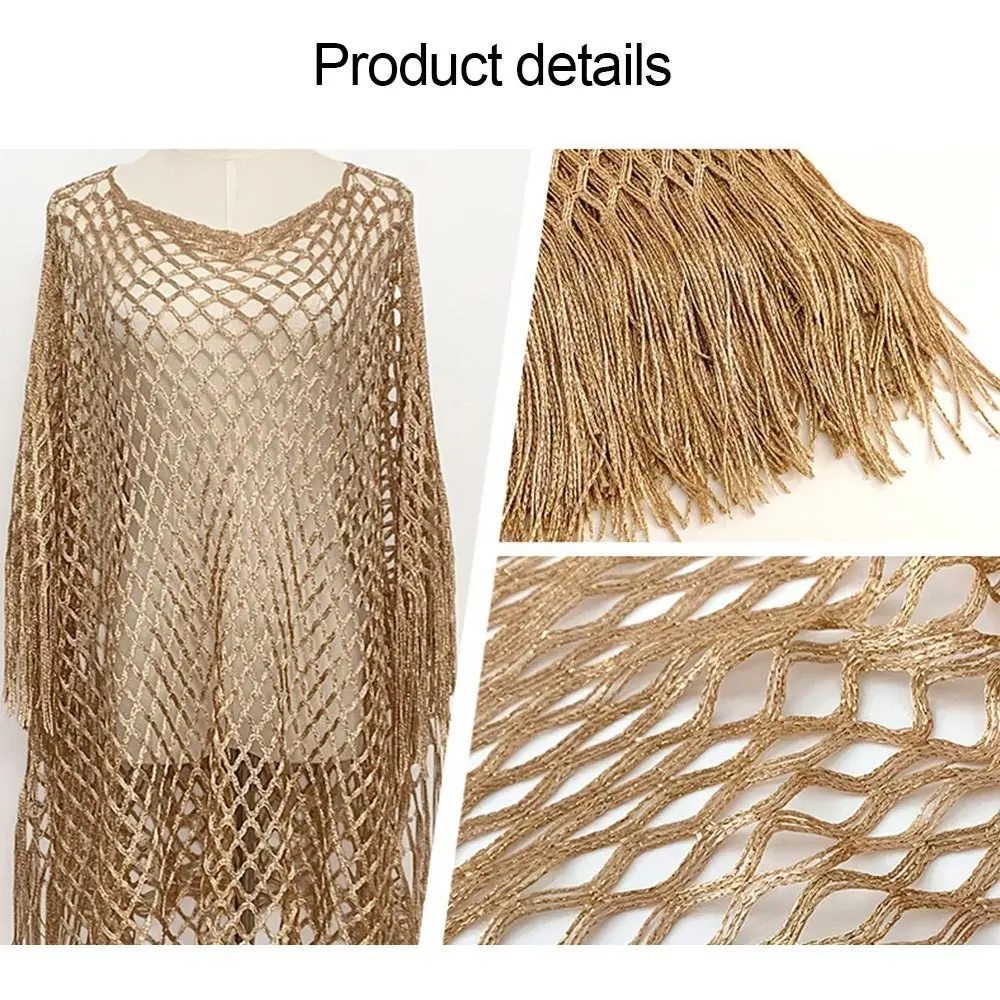 

Oversized Gold Silver Wire Mesh Shawl Jacket Hollowed Out Lace Poncho Long Sleeve Knitted Beach Towel Vacation