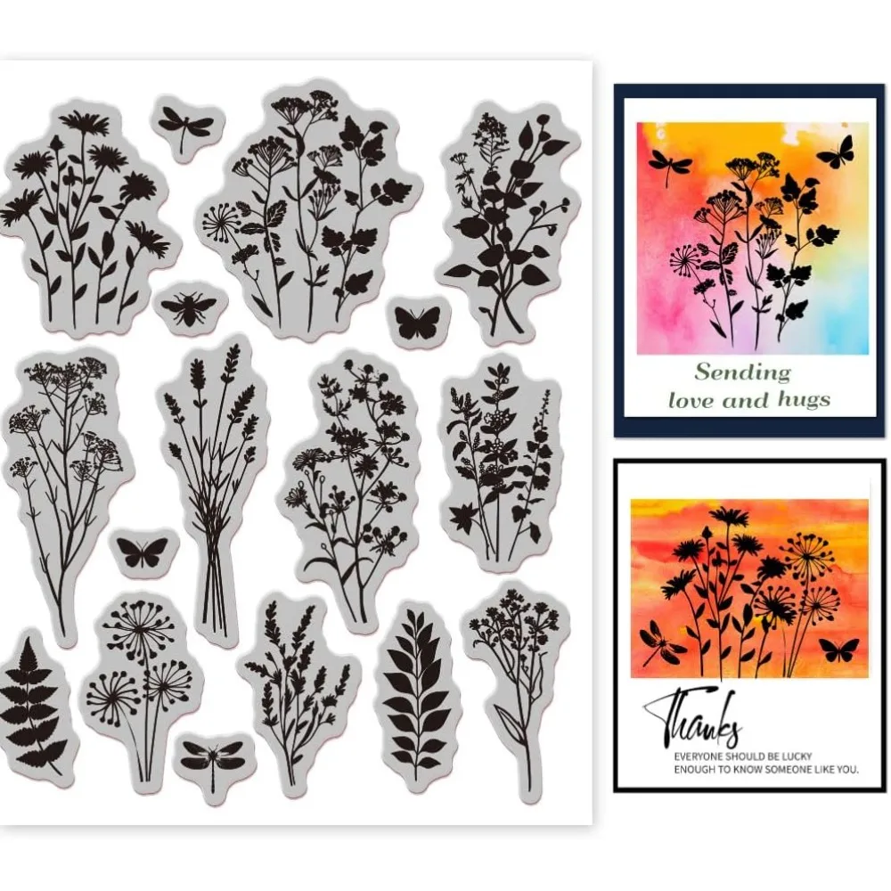 Plant Silhouette Background Cling Rubber Stamp 7.09x8.66inch Flowers Leaves EVA Stamps Embossing Stamp Seal for DIY Scrapbooking