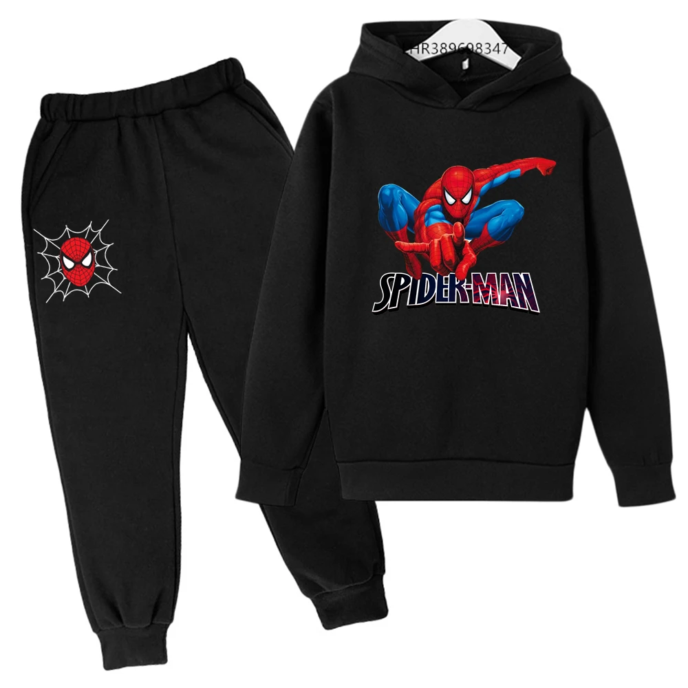 Jesienno-zimowa bluza dziecięca odpowiednia 3-12 lat chłopcy dziewczęta Anime Spider-Man odzież odzież wierzchnia bluza + spodnie czarny zestaw