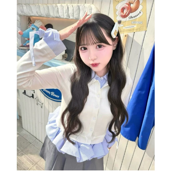 

Новый вязаный кардиган в японском стиле с воротником-стойкой, цветными вставками и кружевной отделкой по низу, женский топ с длинными рукавами