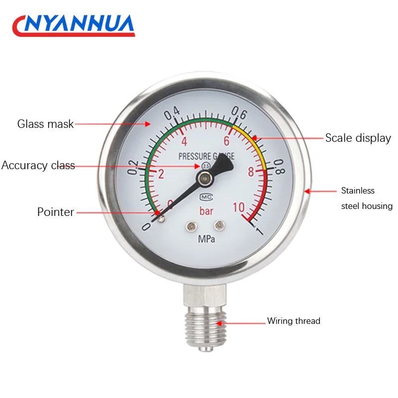 Manometro in acciaio inossidabile Y60BF manometro resistente agli urti Anti-corrosione vuoto ossigeno ad alta temperatura h1060 mm