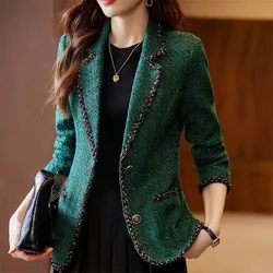Autumn Winter Ladies Casual Blazer Women Black Green Beige Plaid Jacket Female Long Sleeve Single Breasted Slim Coat Outerwears