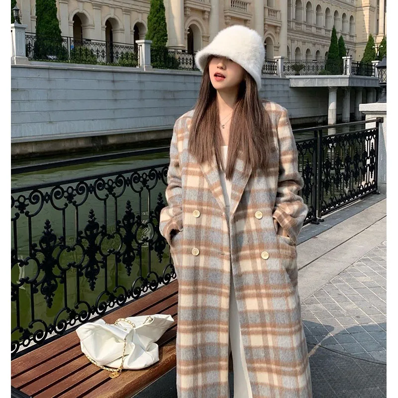

2023 Autumn and Winter New Thickened Versatile Fashion Style Plaid Mid length Double breasted Woolen Coat for Women