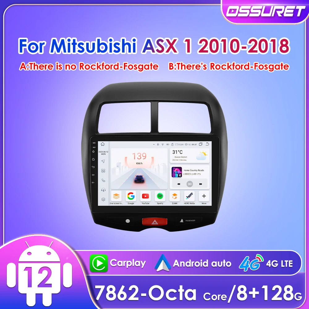 

Ossurtet 2Din Android 12 Headunit for Mitsubishi ASX 1 2010 - 2018 Car Radio Multimedia GPS Navi Stereo Carplay 4G BT RDS SWC