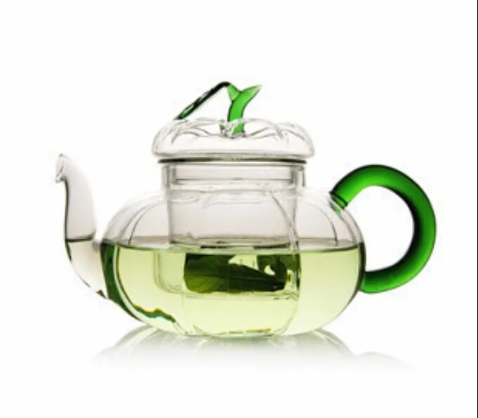 Tetera de cristal resistente a altas temperaturas, tetera con diseño de calabaza, colador de té con mango verde, infusor Puer Oolong, tetera de cebada