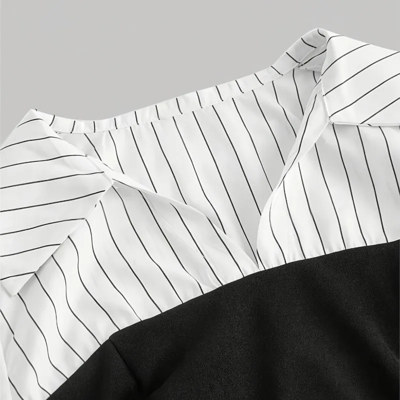 المرأة أزياء أسود أبيض الربط مخطط تقسم التلبيب قميص أنيق قمصان الموضة الأعمال عارضة مكتب مزاجه أنيقة