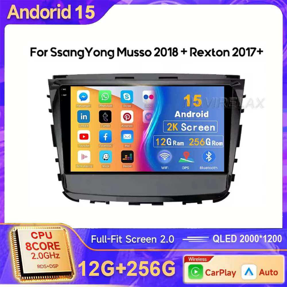 Android15 Carplay Auto For Ssangyong Rexton Musso 2018 2019 Multimedia Navigation Car Radio Player Head Unit GPS WIFI+4G Stereo