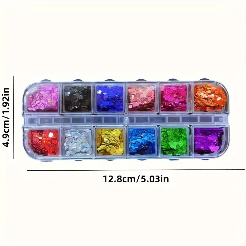 12 Grids Square Nails Glitter Sequin Holographic Nail Chips Shiny Rainbow Laser Mix New Year Sequins Valentine's Day Sequins