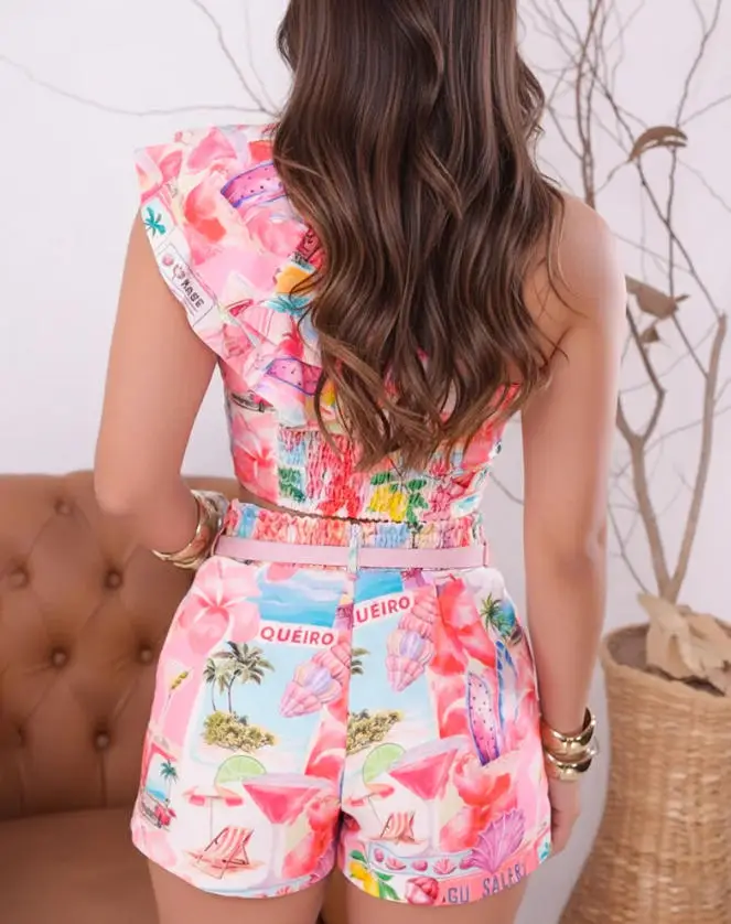 

Women's Shorts Set Sleeveless Ruffle Design Crop Top and Zipper Missile Waist 2-Piece Set