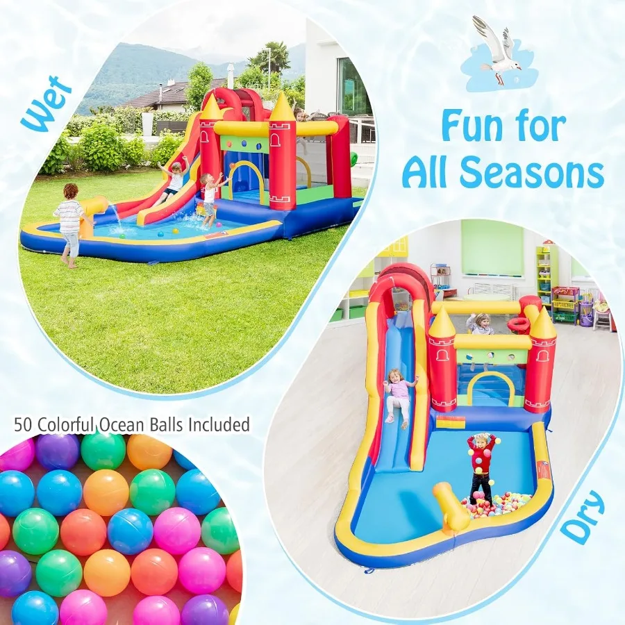 팽창식 워터 슬라이드, 9 in 1 워터슬라이드 바운스 하우스 워터파크 (스플래시 풀, 롱 슬라이드, 볼풀(볼 50개 포함))